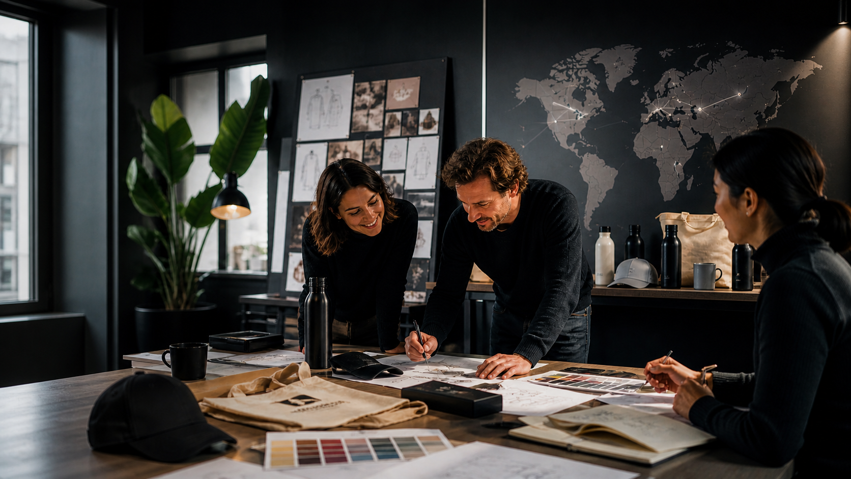 Equipo revisando diseño, producción y logística internacional